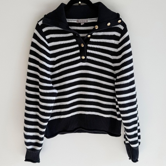 J.Crew Ribbed Button-Collar Sweater | Women’s Large | Black White Stripe - Picture 2 of 9